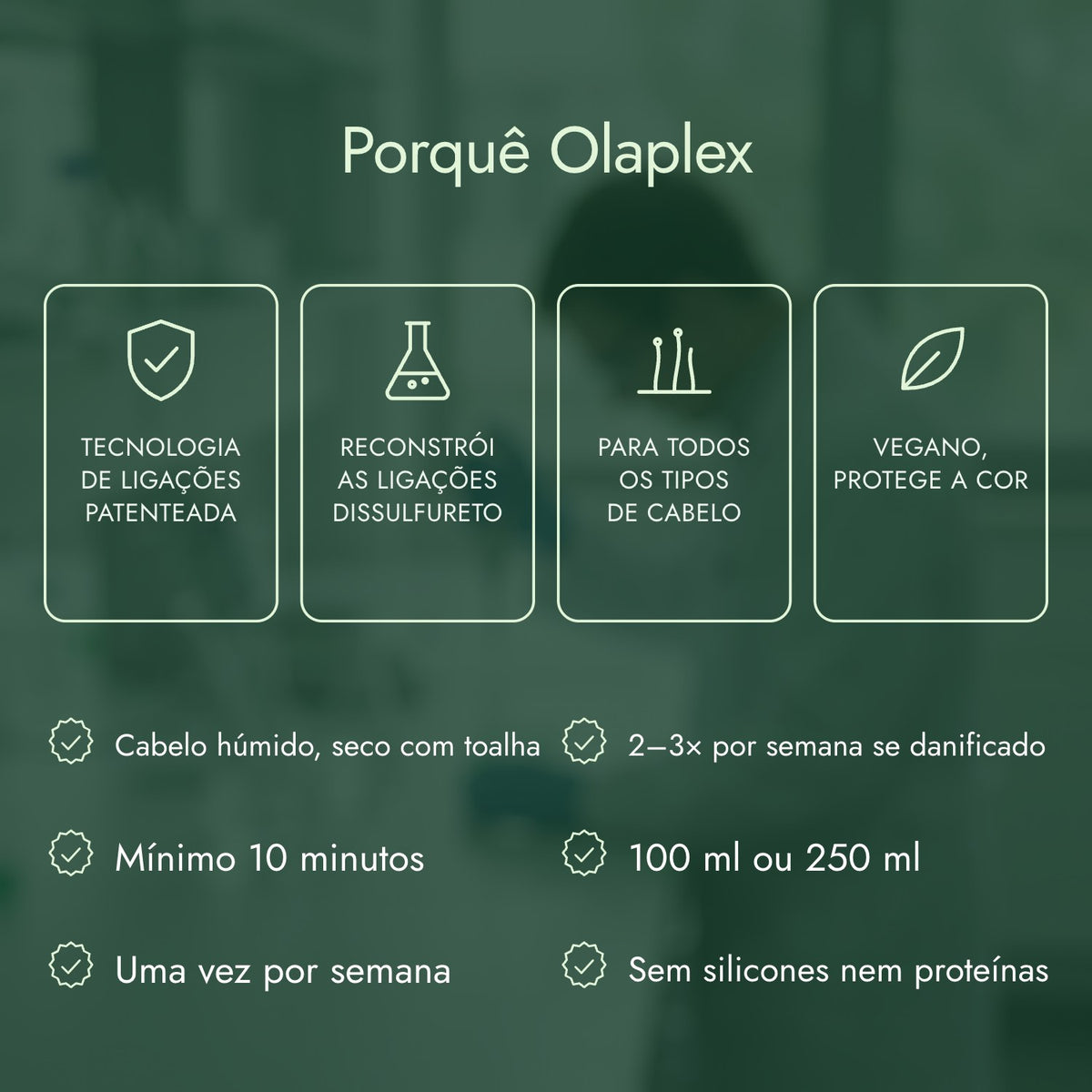 Porquê Olaplex: Tecnologia de ligações patenteada, Reconstrói as ligações dissulfureto, Para todos os tipos de cabelo, Vegano, protege a cor