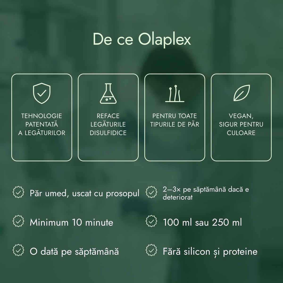 De ce Olaplex: Tehnologie patentată a legăturilor, Reface legăturile disulfidice, Pentru toate tipurile de păr, Vegan, sigur pentru culoare