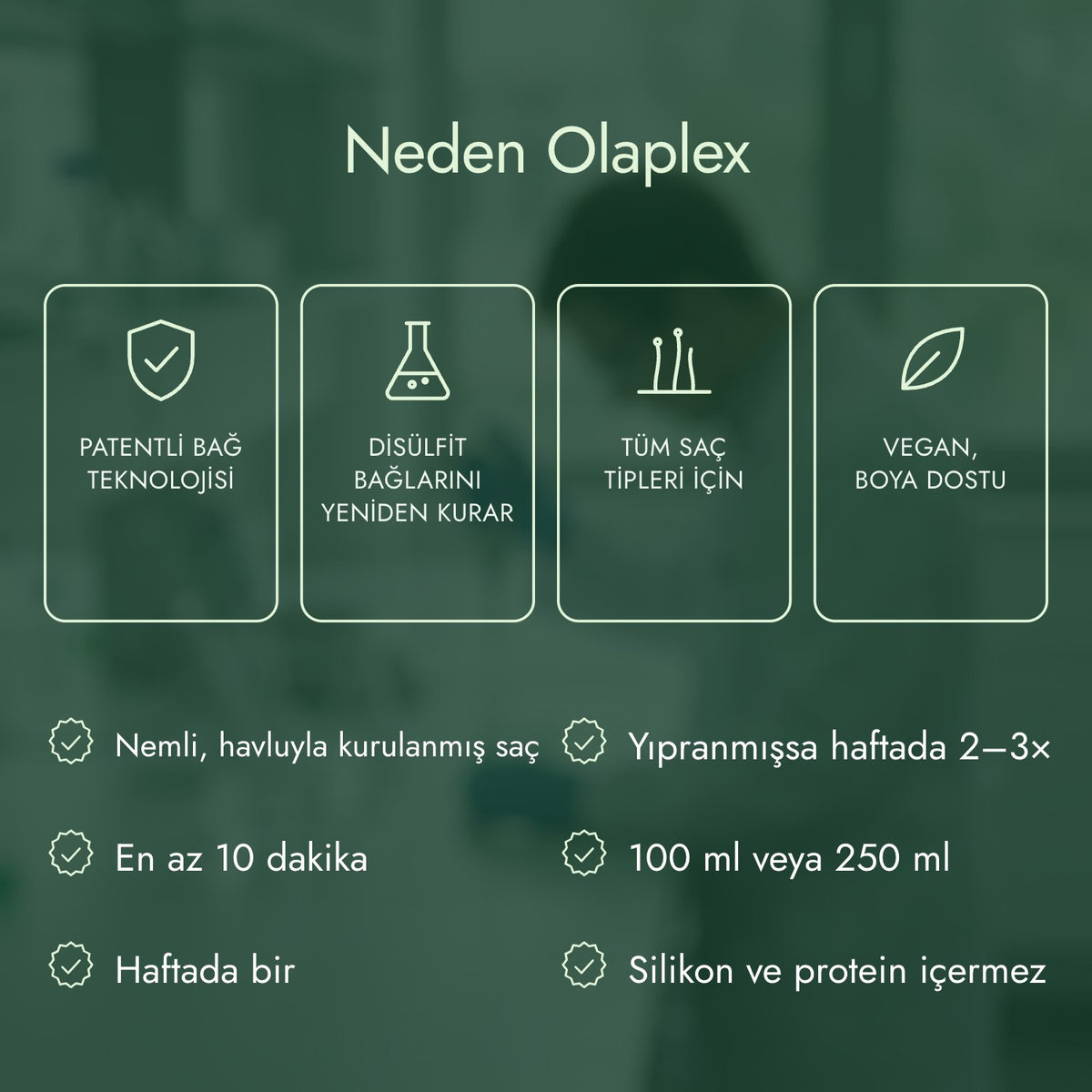 Neden Olaplex: Patentli bağ teknolojisi, Disülfit bağlarını yeniden kurar, Tüm saç tipleri için, Vegan, boya dostu