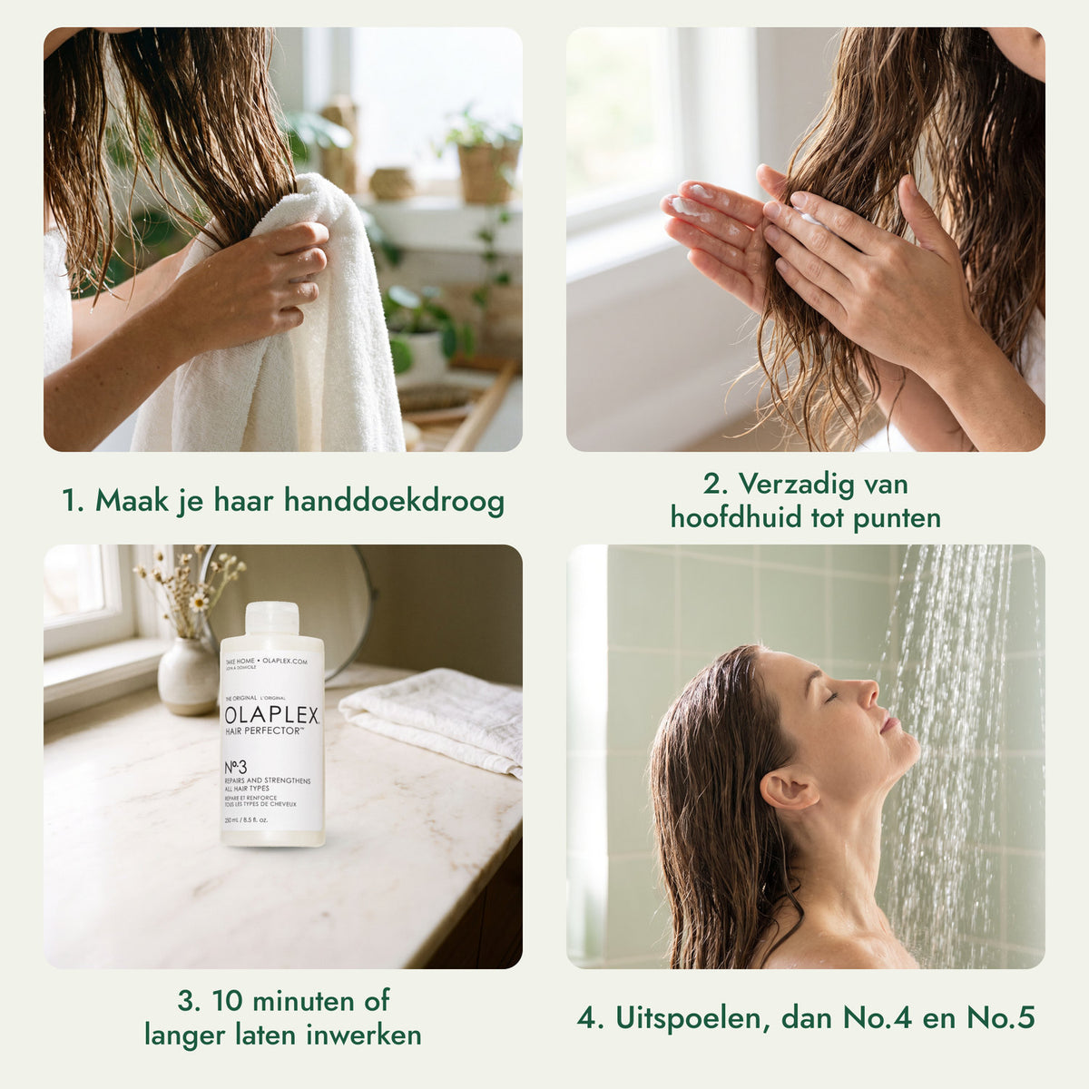 Olaplex No.3 Hair Perfector: Maak je haar handdoekdroog, Verzadig van hoofdhuid tot punten, 10 minuten of langer laten inwerken, Uitspoelen, dan No.4 en No.5