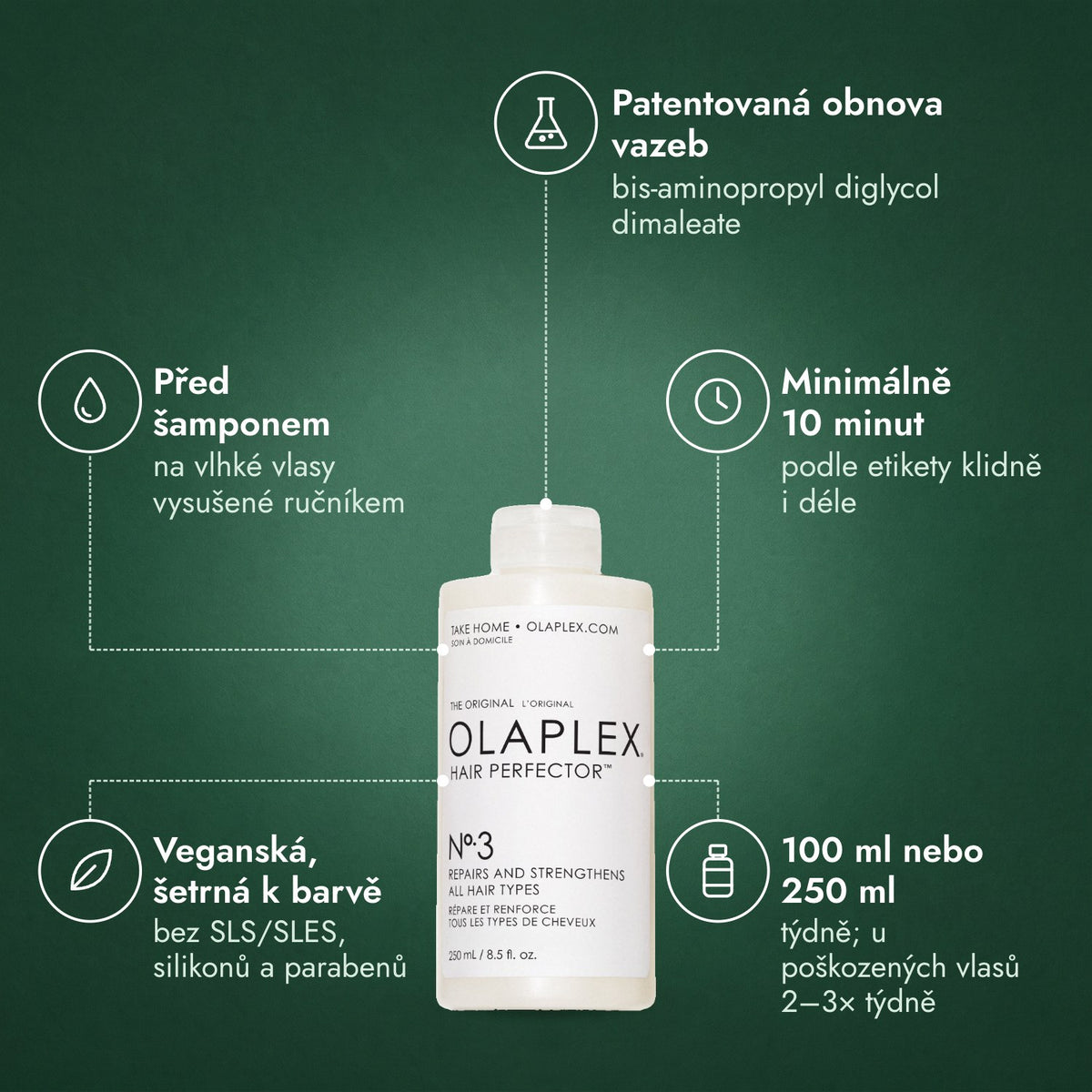 Olaplex No.3 Hair Perfector: Patentovaná obnova vazeb, Před šamponem, Minimálně 10 minut, Veganská, šetrná k barvě, 100 ml nebo 250 ml