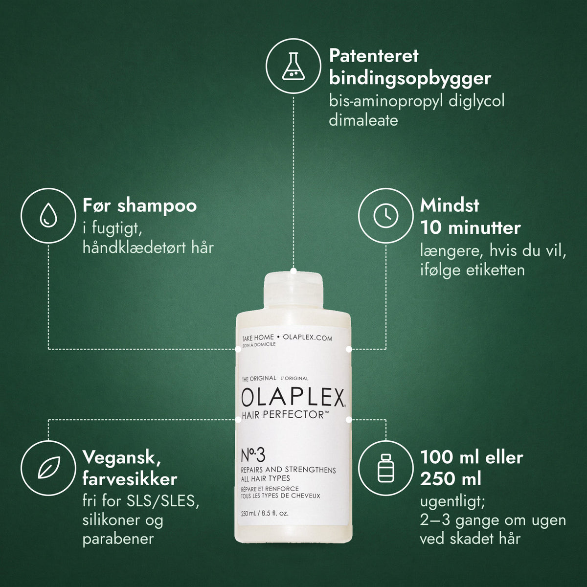 Olaplex No.3 Hair Perfector: Patenteret bindingsopbygger, Før shampoo, Mindst 10 minutter, Vegansk, farvesikker, 100 ml eller 250 ml