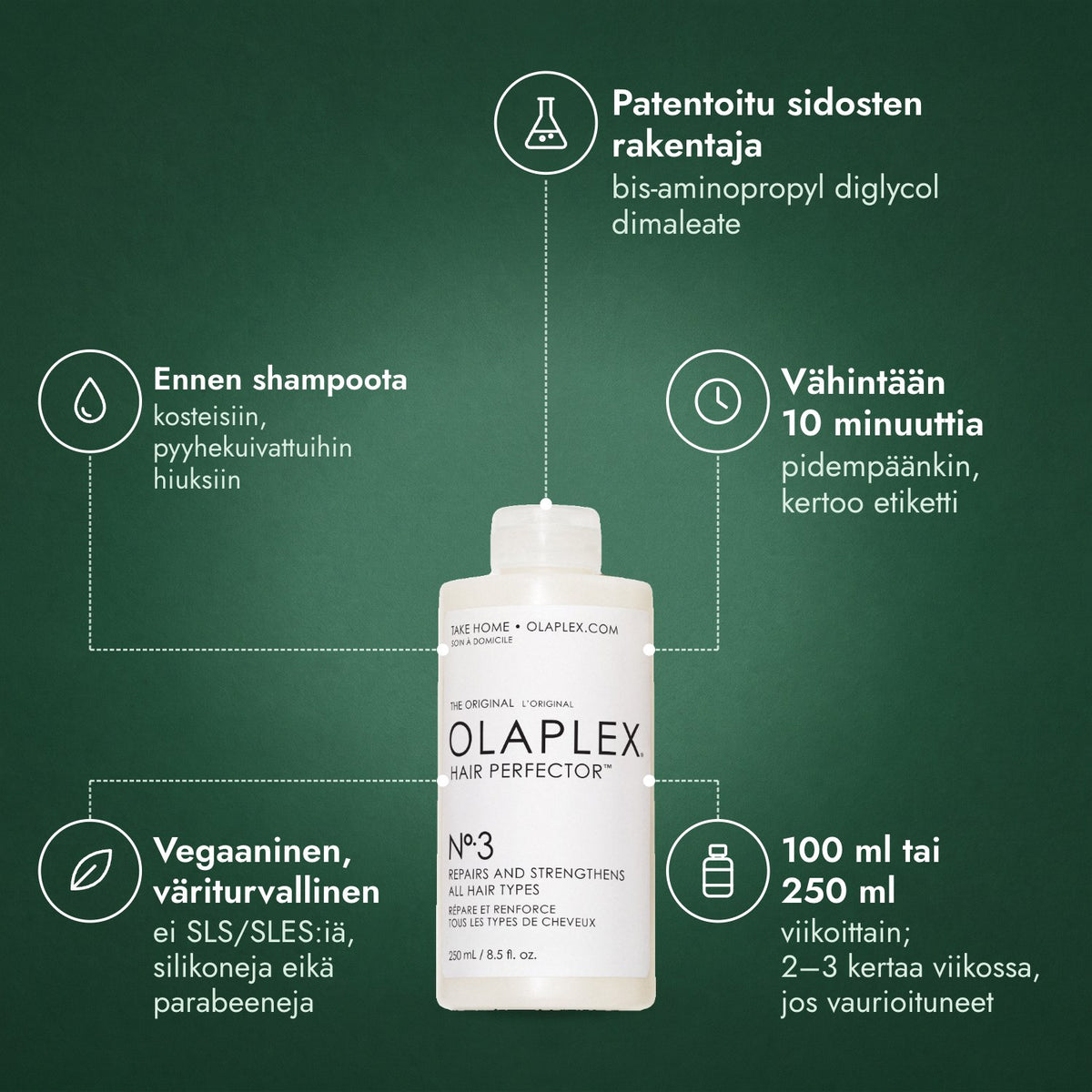 Olaplex No.3 Hair Perfector: Patentoitu sidosten rakentaja, Ennen shampoota, Vähintään 10 minuuttia, Vegaaninen, väriturvallinen, 100 ml tai 250 ml