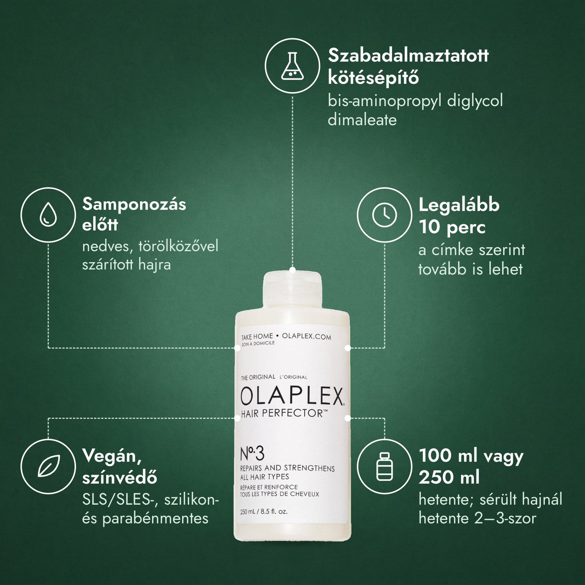 Olaplex No.3 Hair Perfector: Szabadalmaztatott kötésépítő, Samponozás előtt, Legalább 10 perc, Vegán, színvédő, 100 ml vagy 250 ml
