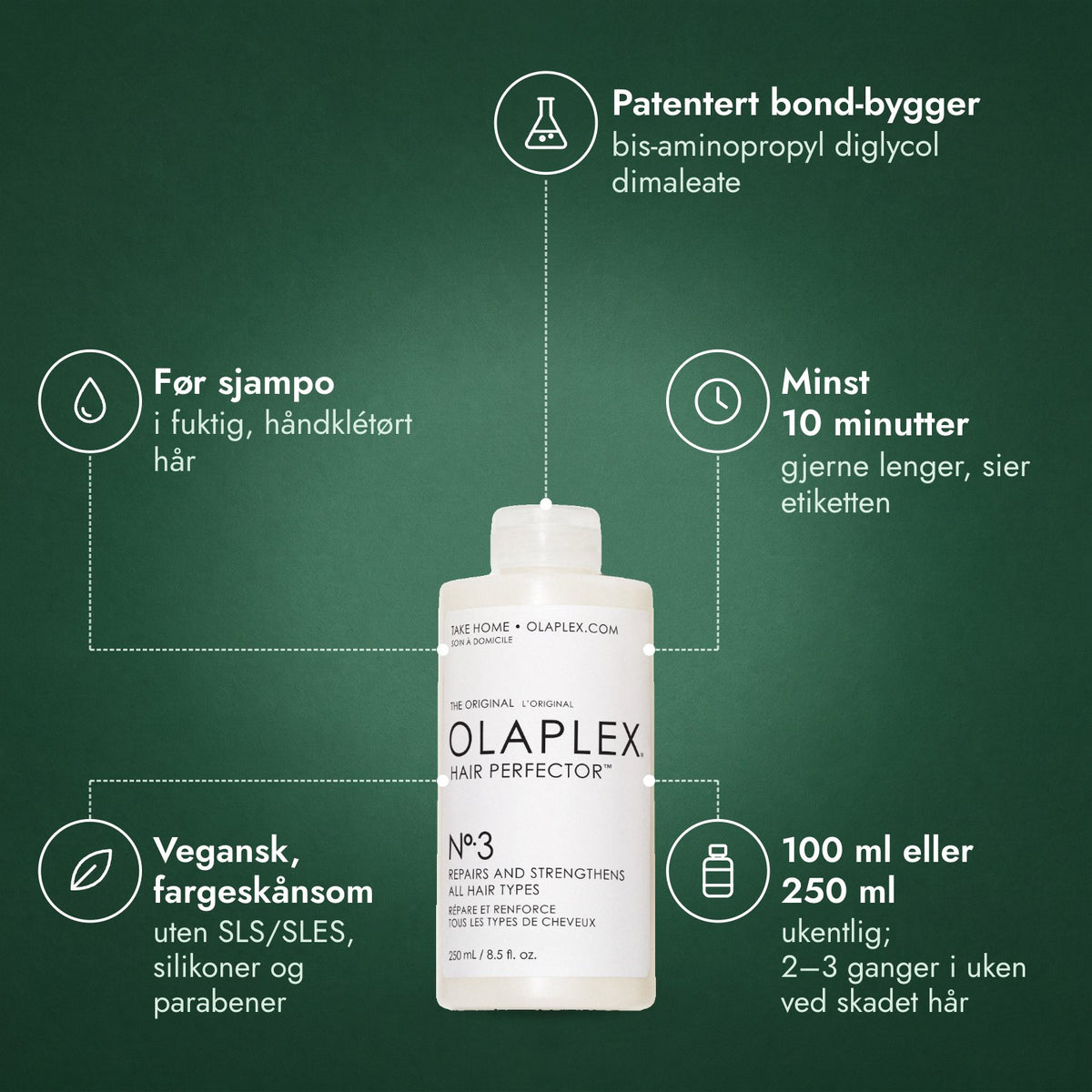 Olaplex No.3 Hair Perfector: Patentert bond-bygger, Før sjampo, Minst 10 minutter, Vegansk, fargeskånsom, 100 ml eller 250 ml