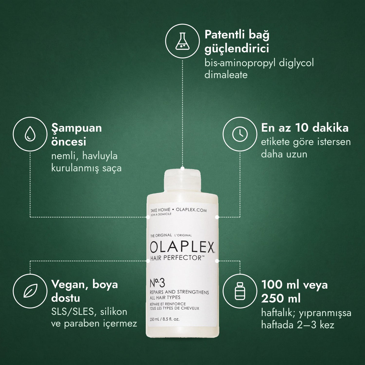 Olaplex No.3 Hair Perfector: Patentli bağ güçlendirici, Şampuan öncesi, En az 10 dakika, Vegan, boya dostu, 100 ml veya 250 ml