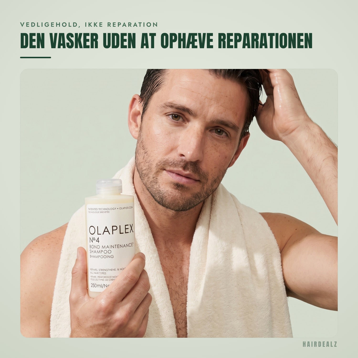 Olaplex No.4 i brug mod en grøn baggrund