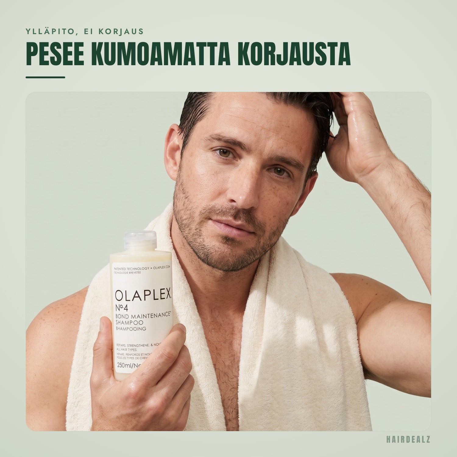 Olaplex No.4 käytössä vihreää taustaa vasten