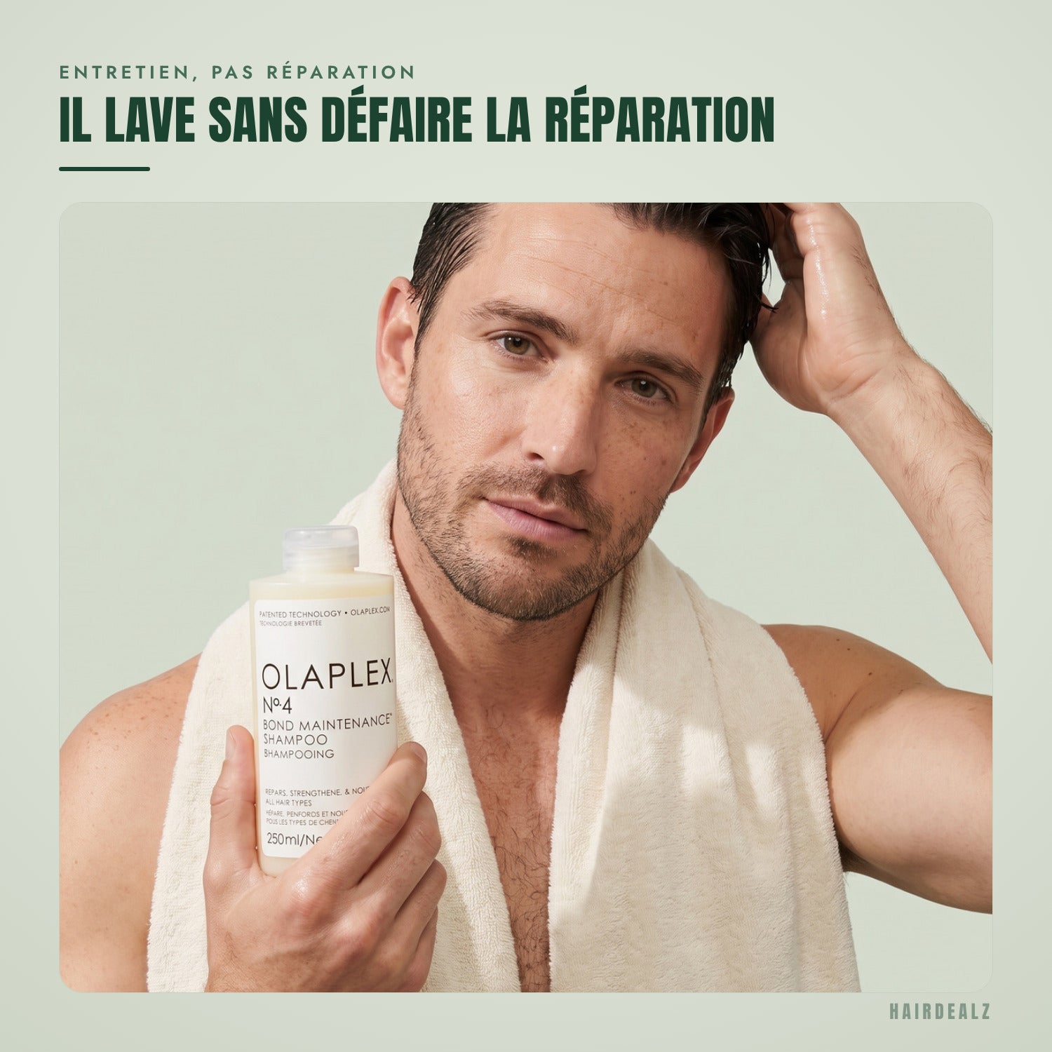 Olaplex No.4 en cours d'utilisation sur fond vert