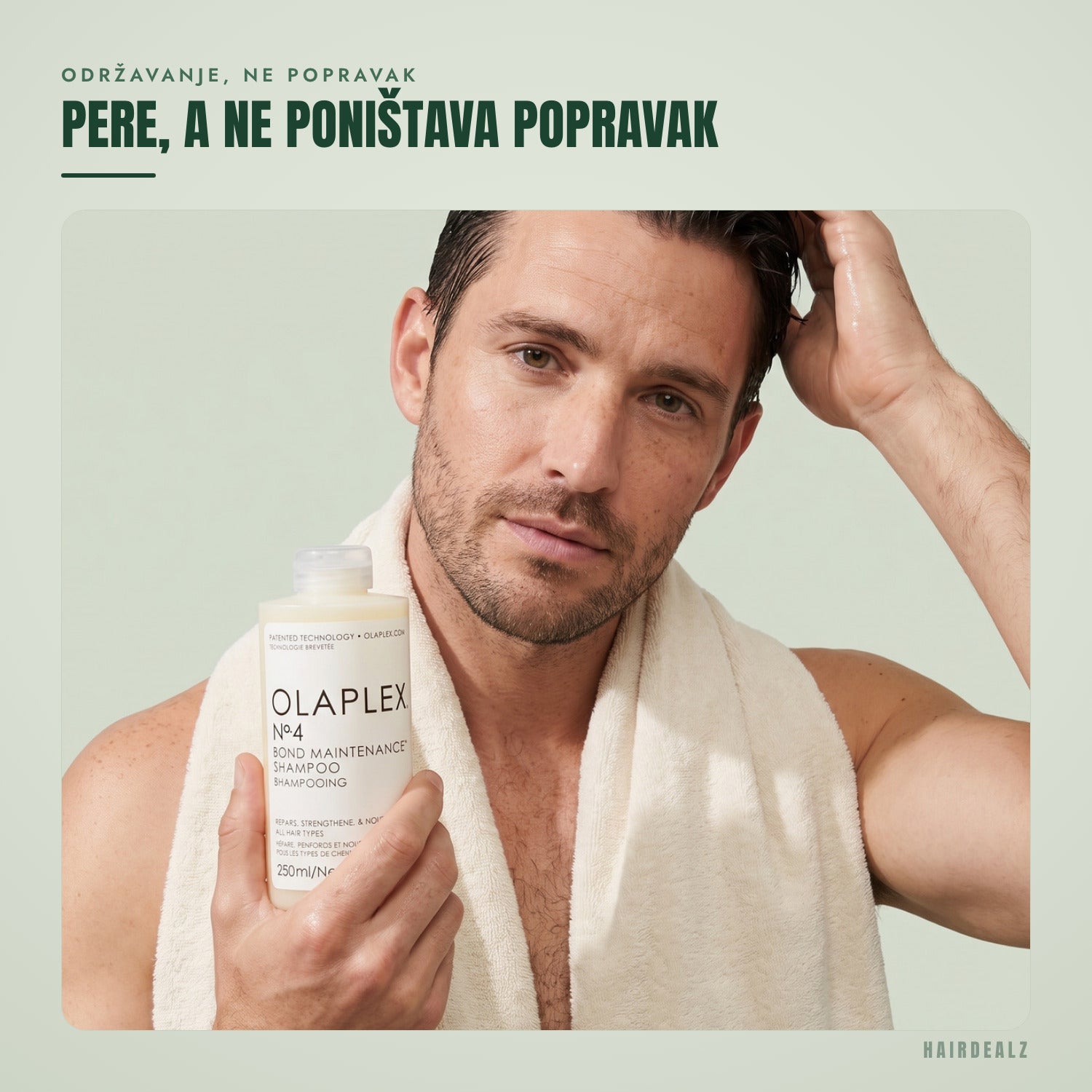 Olaplex No.4 u upotrebi na zelenoj pozadini
