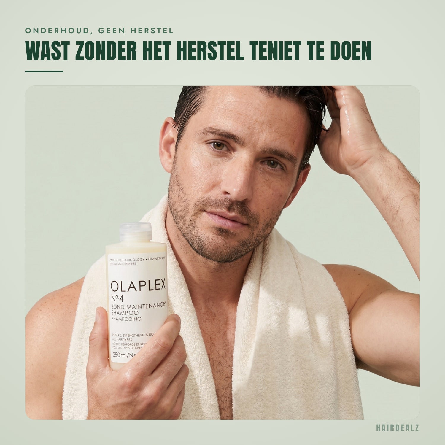 Olaplex No.4 in gebruik tegen een groene achtergrond