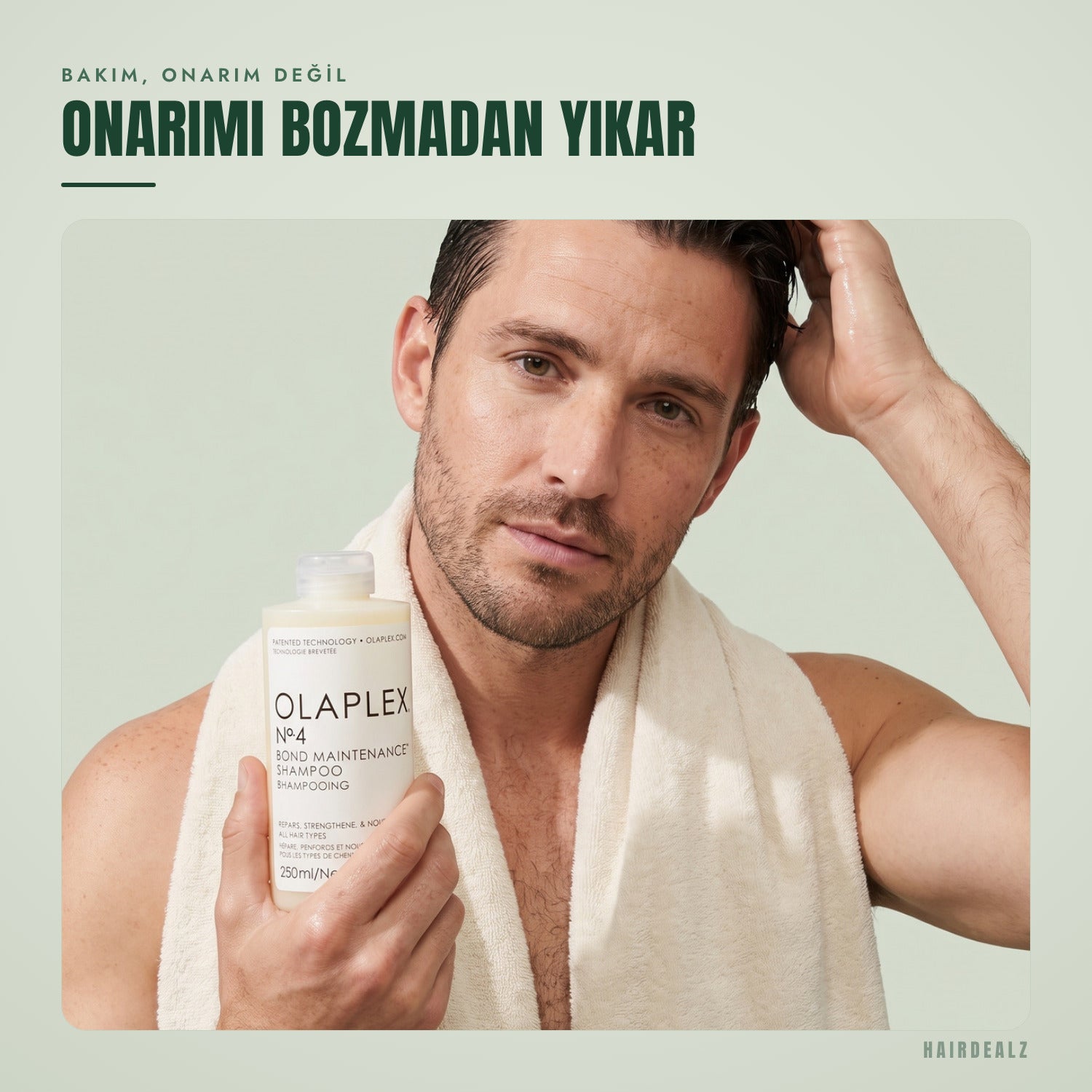 Yeşil fon üzerinde kullanılan Olaplex No.4