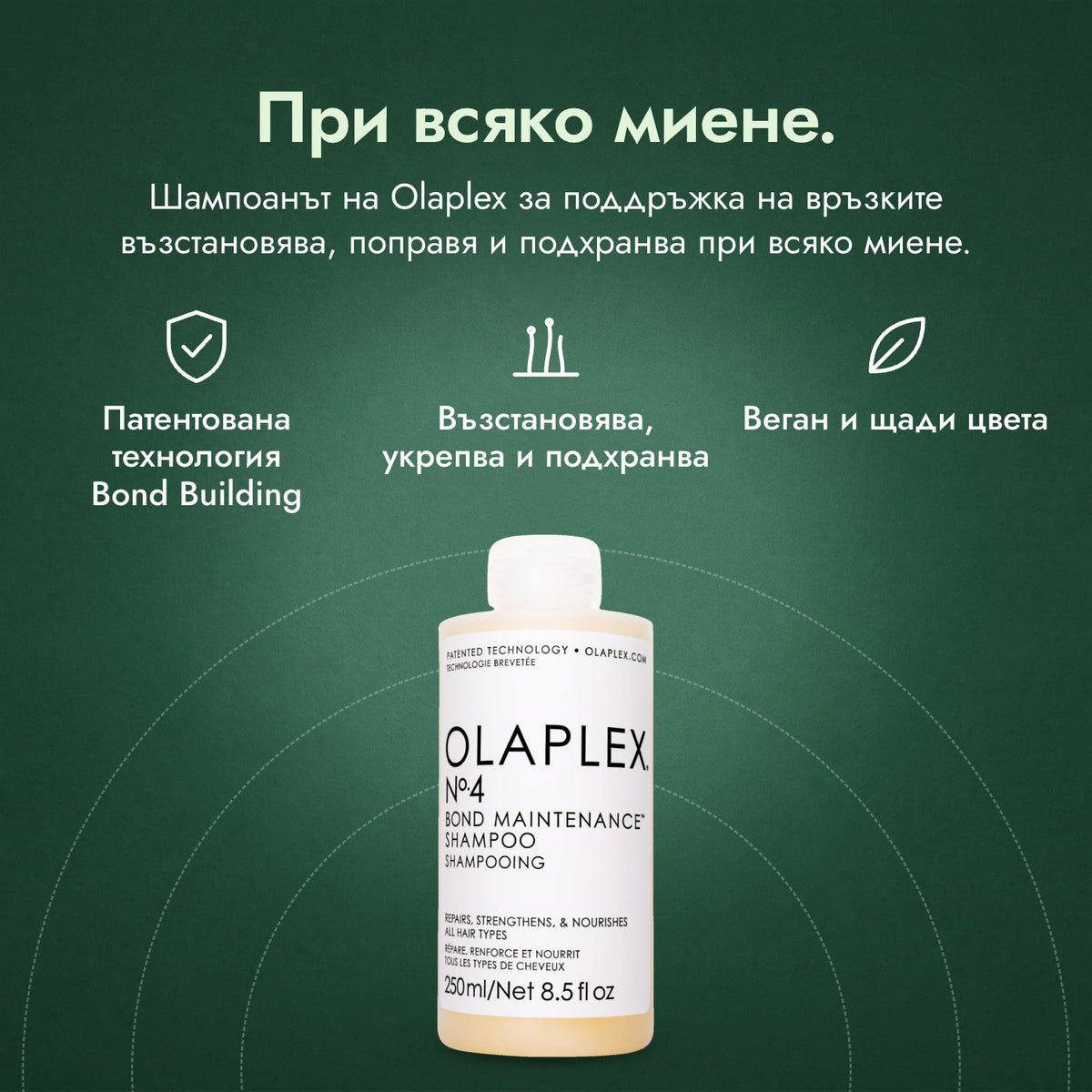 Шампоан Olaplex No.4 Bond Maintenance: При всяко миене. Патентована технология Bond Building, Възстановява, укрепва и подхранва, Веган и щади цвета