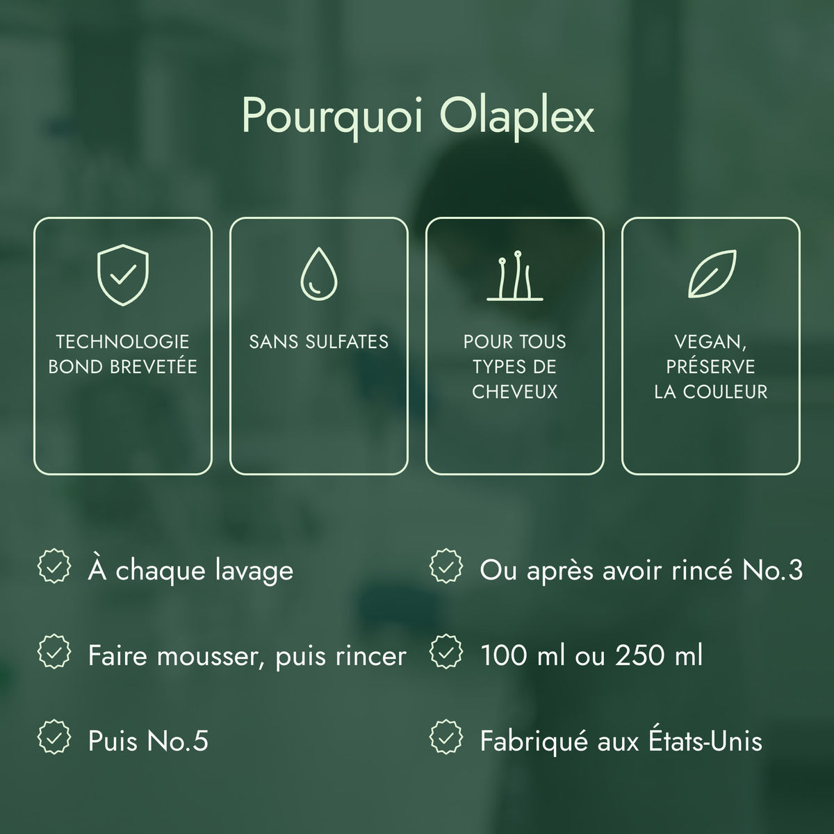 Pourquoi Olaplex: Technologie bond brevetée, Sans sulfates, Pour tous types de cheveux, Vegan, préserve la couleur