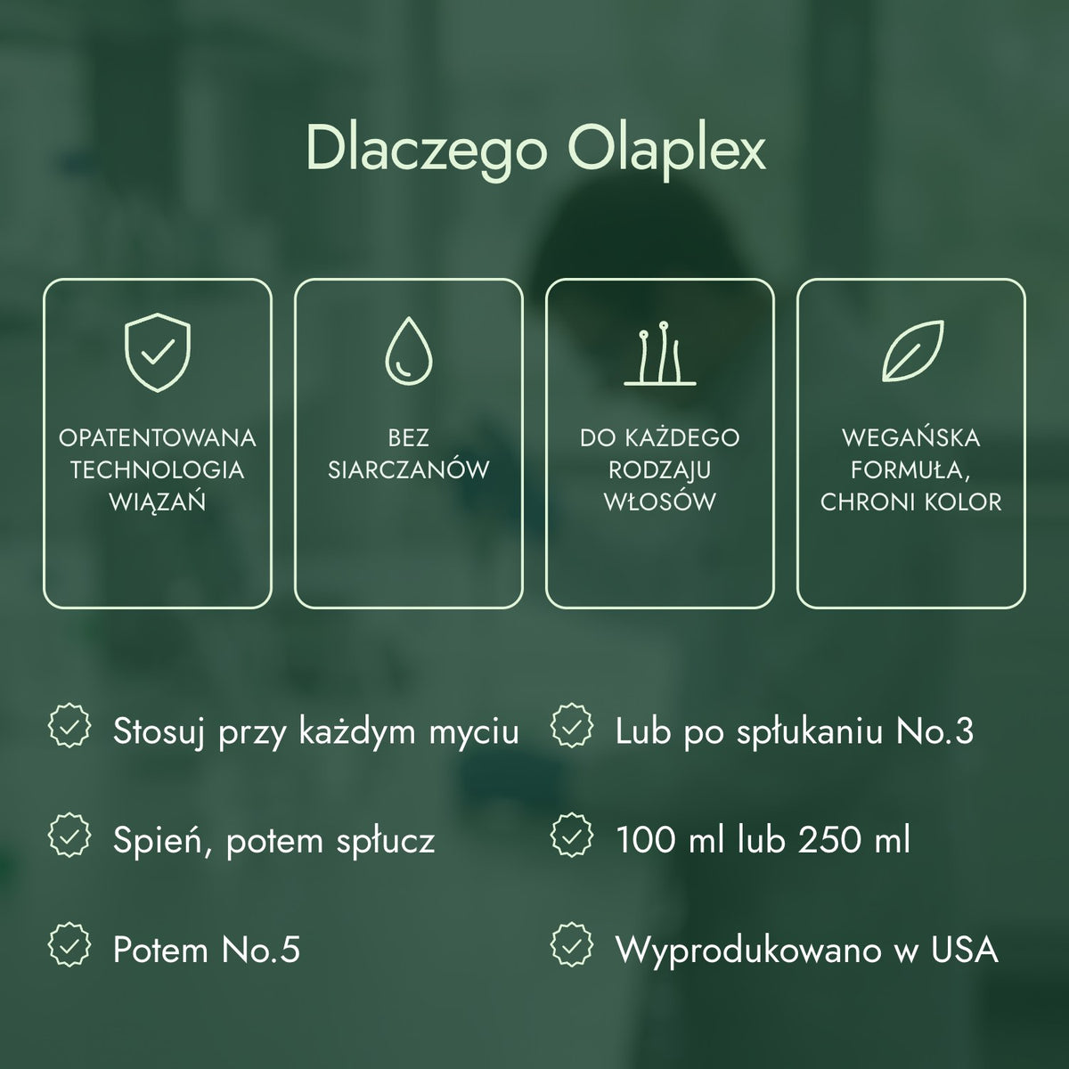 Dlaczego Olaplex: Opatentowana technologia wiązań, Bez siarczanów, Do każdego rodzaju włosów, Wegańska formuła, chroni kolor