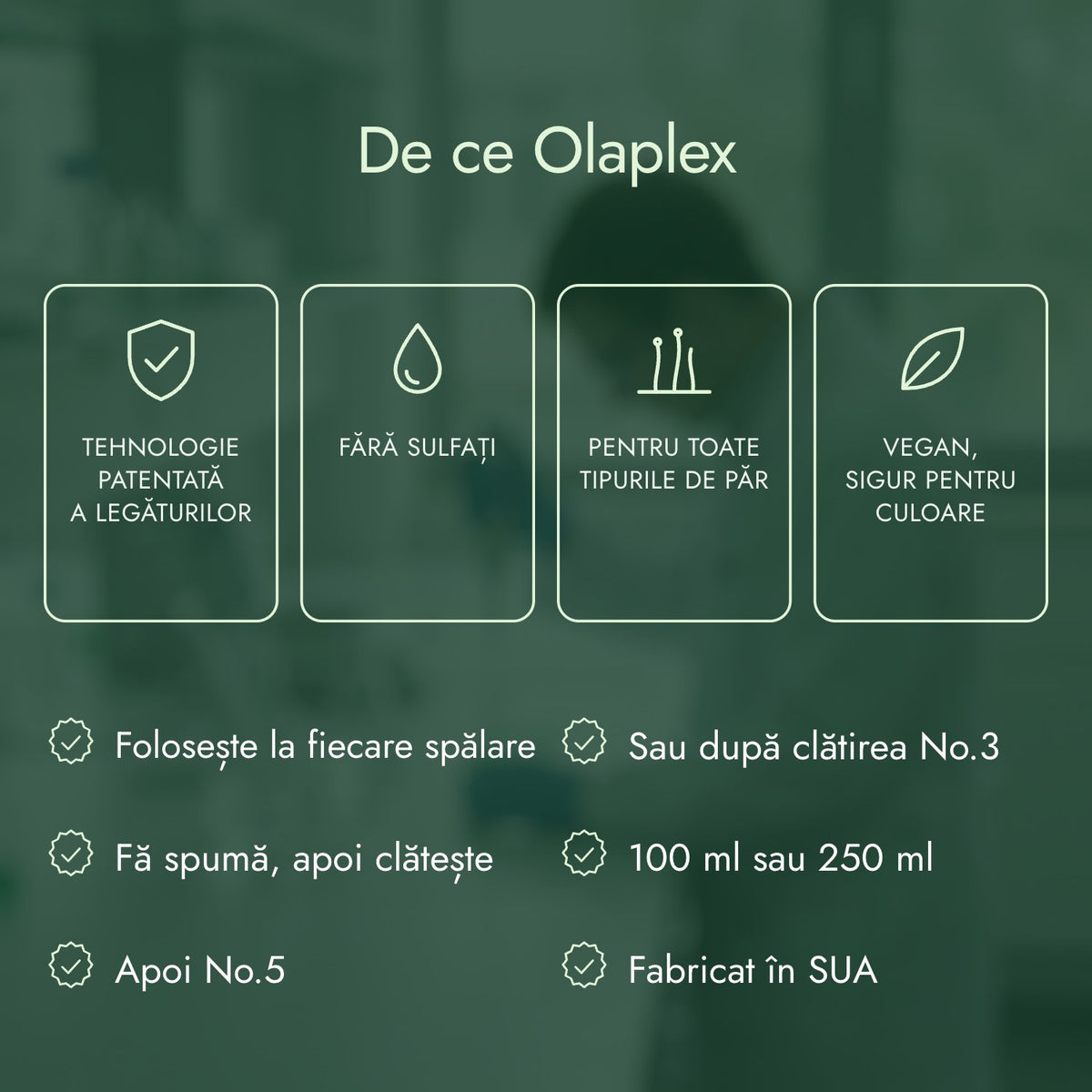 De ce Olaplex: Tehnologie patentată a legăturilor, Fără sulfați, Pentru toate tipurile de păr, Vegan, sigur pentru culoare