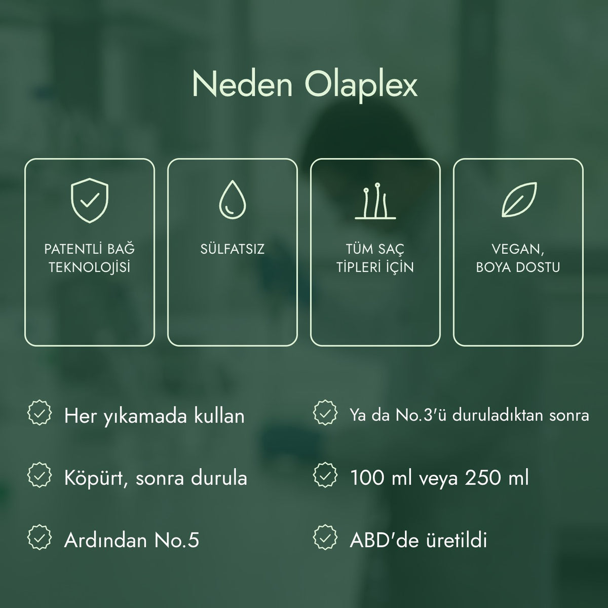 Neden Olaplex: Patentli bağ teknolojisi, Sülfatsız, Tüm saç tipleri için, Vegan, boya dostu