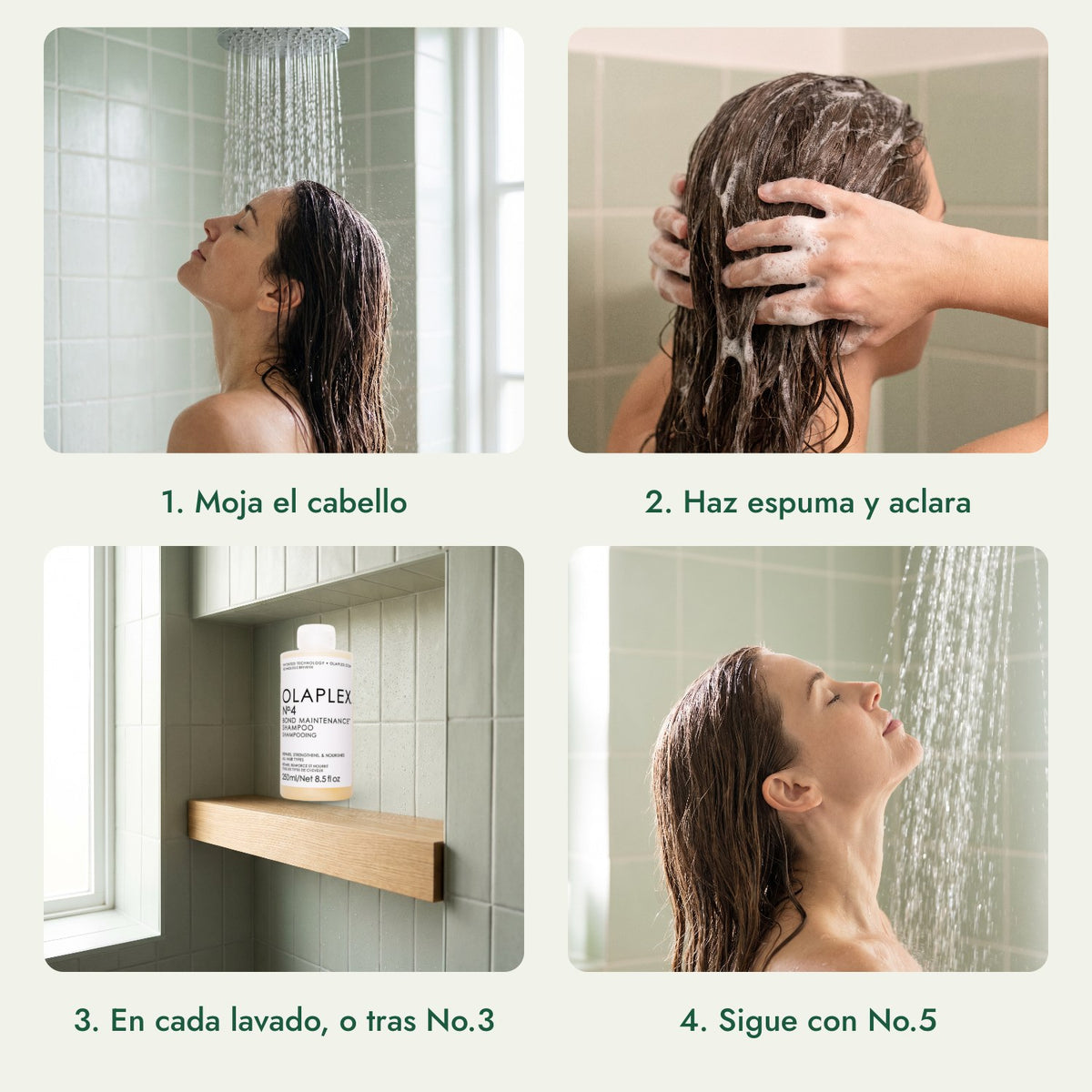 Olaplex No.4 Bond Maintenance Shampoo: Moja el cabello, Haz espuma y aclara, En cada lavado, o tras No.3, Sigue con No.5