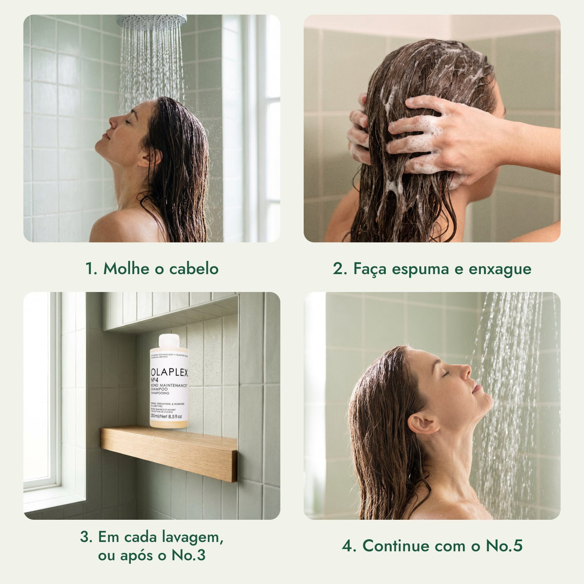 Olaplex Nº4 Champô de Manutenção de Ligações: Molhe o cabelo, Faça espuma e enxague, Em cada lavagem, ou após o No.3, Continue com o No.5
