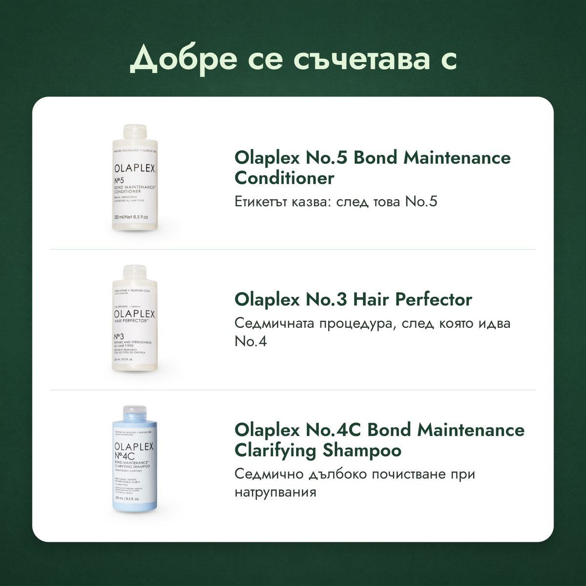 Добре се съчетава с: Балсам Olaplex No.5 Bond Maintenance, Olaplex No.3 Hair Perfector, Шампоан Olaplex No.4C Bond Maintenance Clarifying