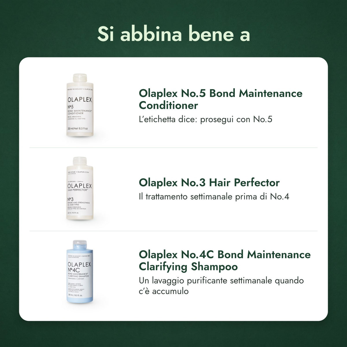 Si abbina bene a: Olaplex No.5 Bond Maintenance Conditioner, Olaplex No.3 Hair Perfector, Olaplex No.4C Bond Maintenance Clarifying Shampoo