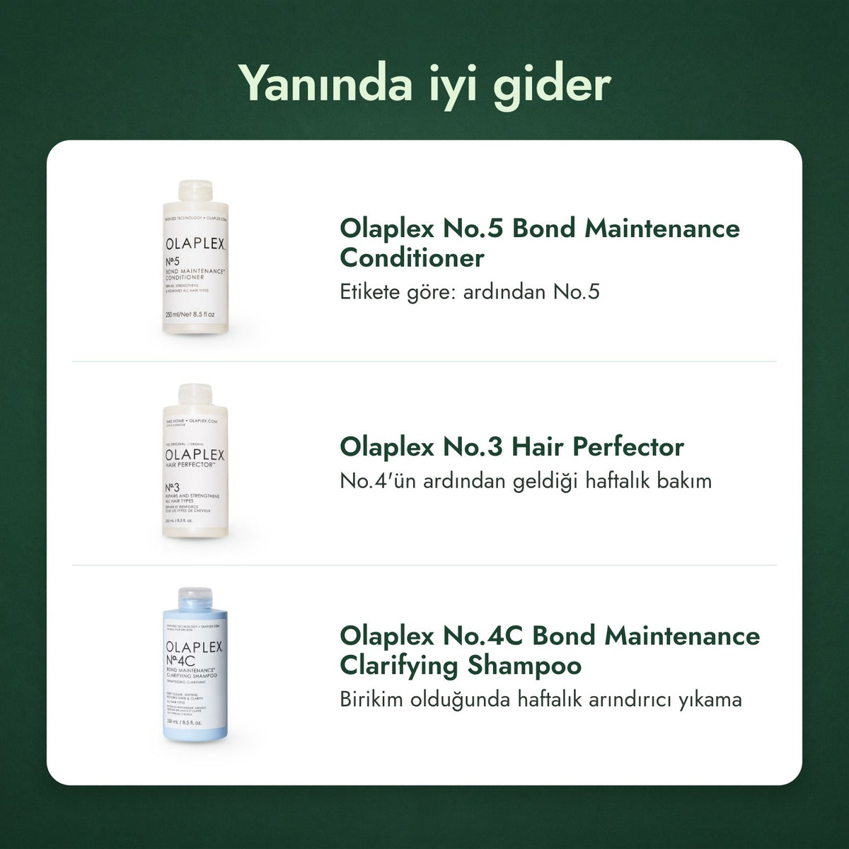 Yanında iyi gider: Olaplex No.5 Bond Maintenance saç kremi, Olaplex No.3 Hair Perfector, Olaplex No.4C Bond Maintenance arındırıcı şampuan