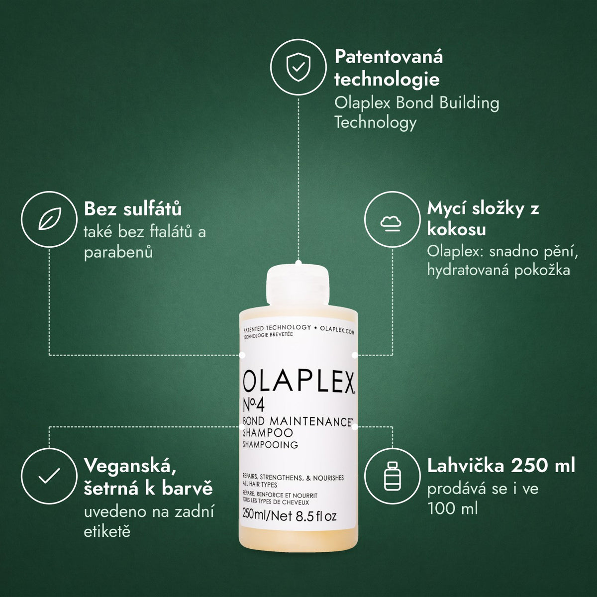 Olaplex No.4 Bond Maintenance Shampoo: Patentovaná technologie, Bez sulfátů, Mycí složky z kokosu, Veganská, šetrná k barvě, Lahvička 250 ml