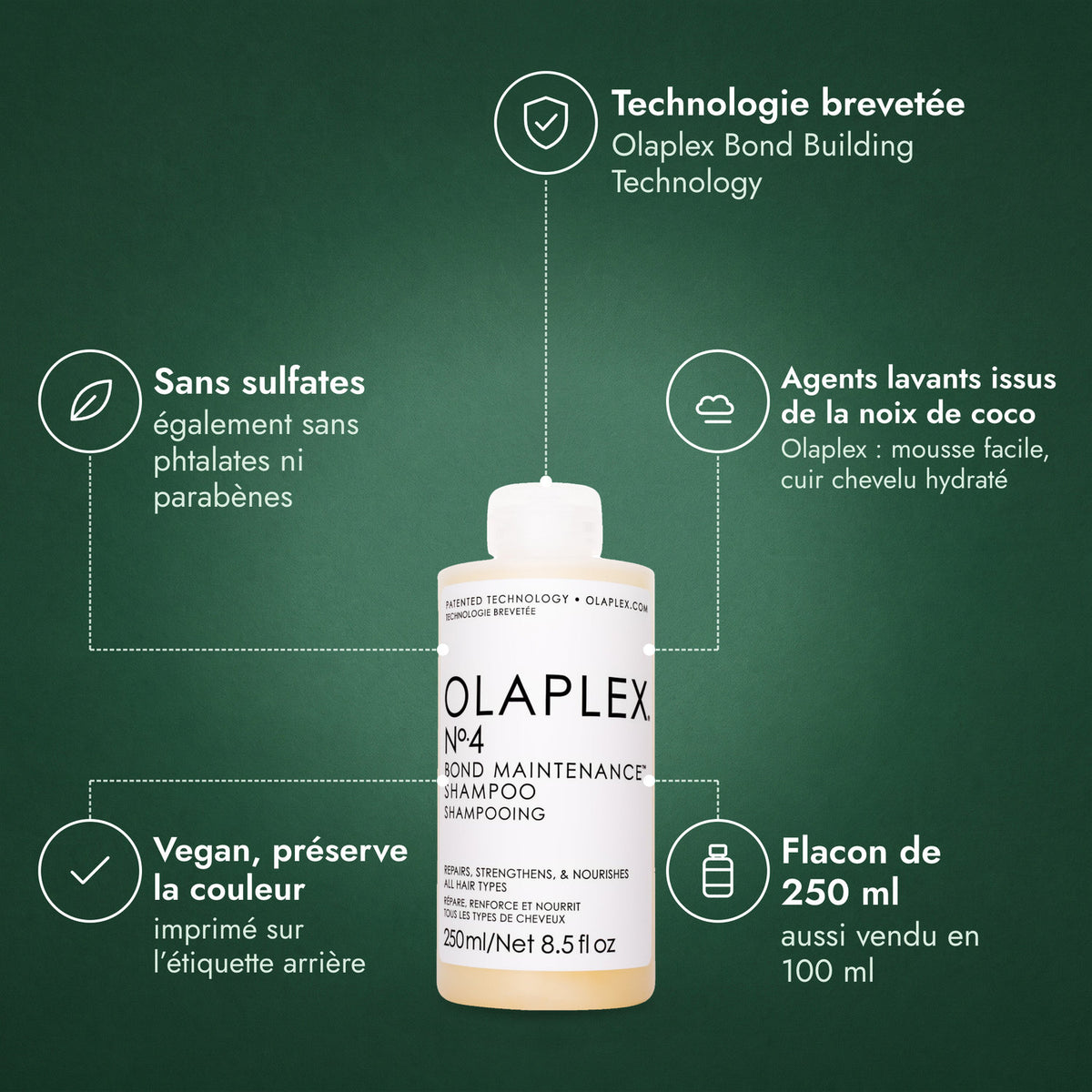 Olaplex No.4 Bond Maintenance Shampoo: Technologie brevetée, Sans sulfates, Agents lavants issus de la noix de coco, Vegan, préserve la couleur, Flacon de 250 ml