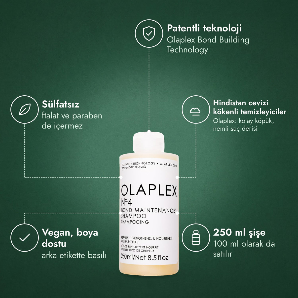 Olaplex No.4 Bond Maintenance şampuan: Patentli teknoloji, Sülfatsız, Hindistan cevizi kökenli temizleyiciler, Vegan, boya dostu, 250 ml şişe