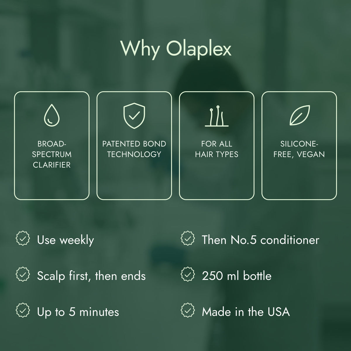 Why Olaplex: Broad-spectrum clarifier, Patented bond technology, For all hair types, Silicone-free, vegan