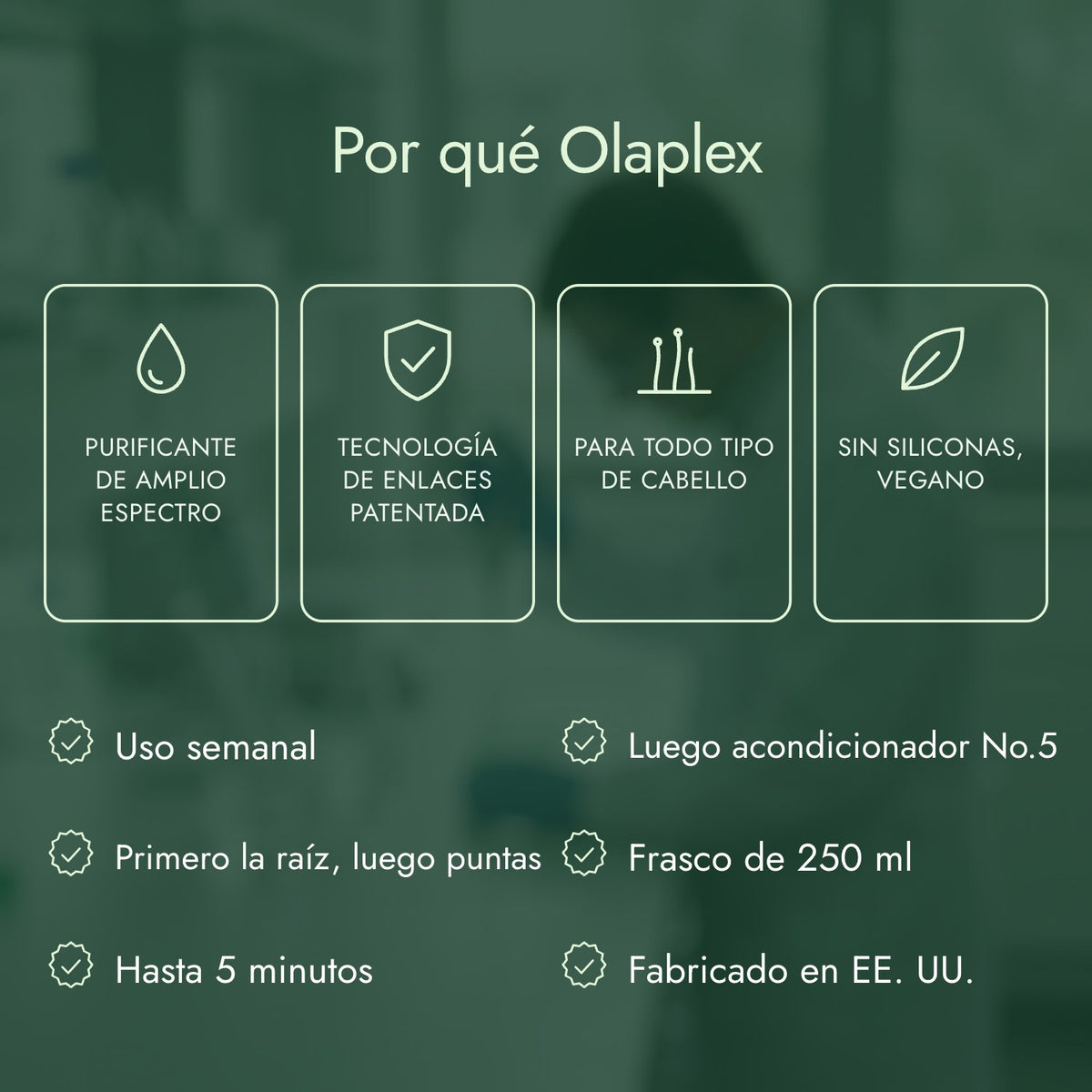 Por qué Olaplex: Purificante de amplio espectro, Tecnología de enlaces patentada, Para todo tipo de cabello, Sin siliconas, vegano