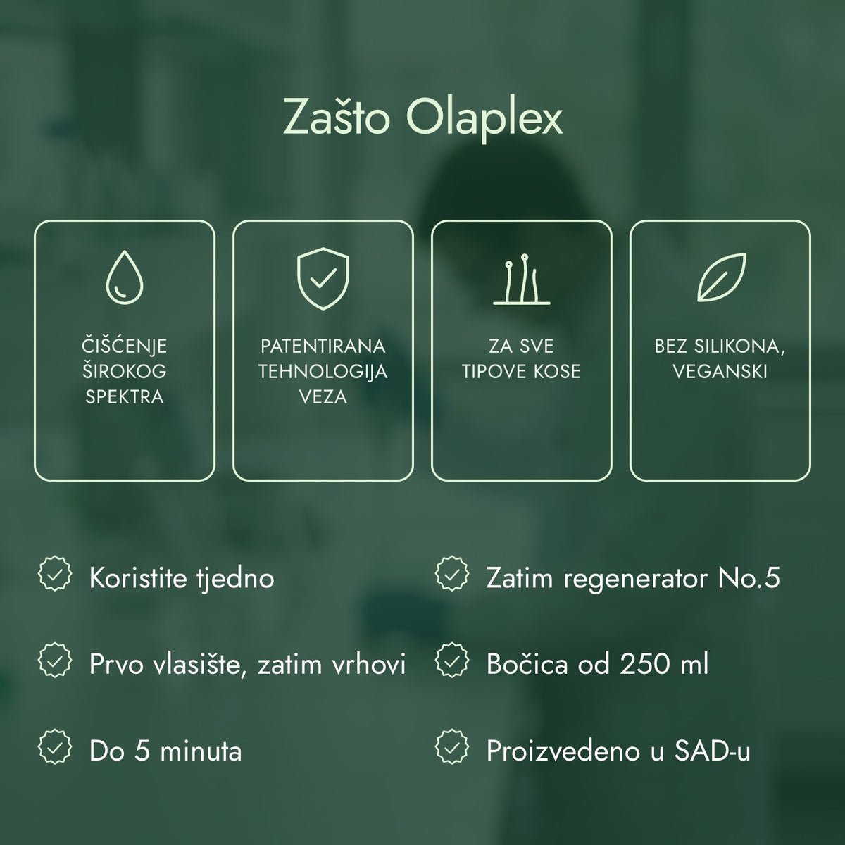 Zašto Olaplex: Čišćenje širokog spektra, Patentirana tehnologija veza, Za sve tipove kose, Bez silikona, veganski