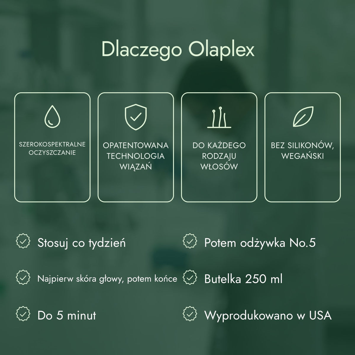 Dlaczego Olaplex: Szerokospektralne oczyszczanie, Opatentowana technologia wiązań, Do każdego rodzaju włosów, Bez silikonów, wegański