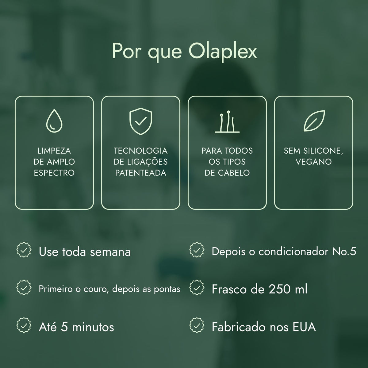 Por que Olaplex: Limpeza de amplo espectro, Tecnologia de ligações patenteada, Para todos os tipos de cabelo, Sem silicone, vegano