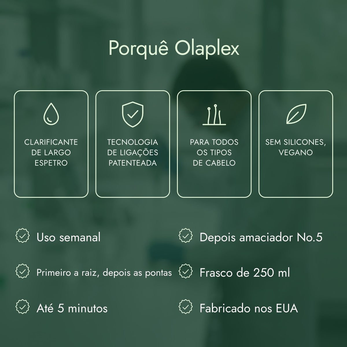 Porquê Olaplex: Clarificante de largo espetro, Tecnologia de ligações patenteada, Para todos os tipos de cabelo, Sem silicones, vegano