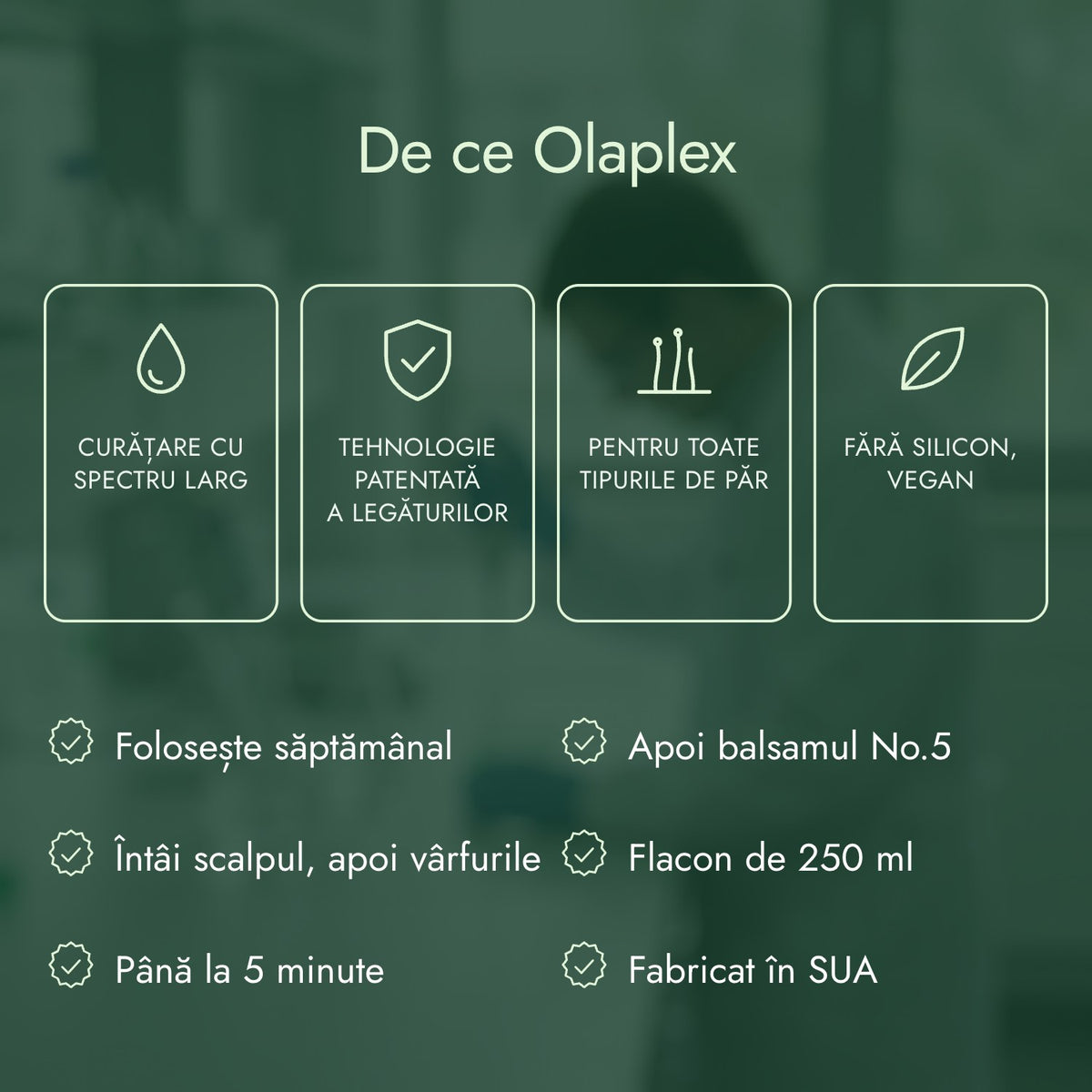 De ce Olaplex: Curățare cu spectru larg, Tehnologie patentată a legăturilor, Pentru toate tipurile de păr, Fără silicon, vegan