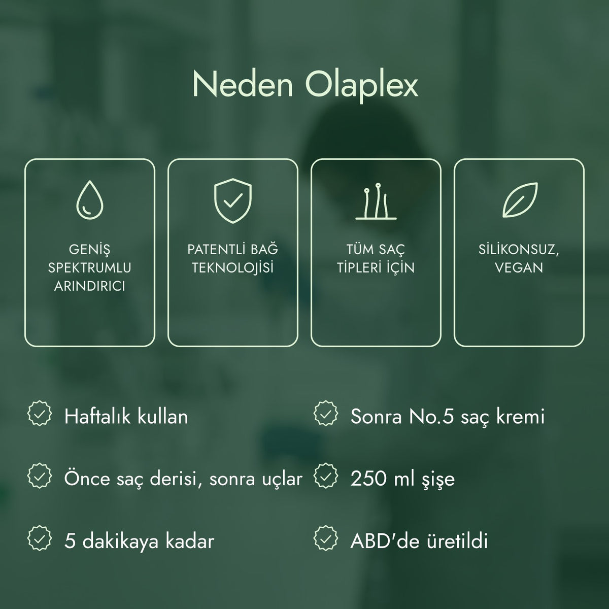 Neden Olaplex: Geniş spektrumlu arındırıcı, Patentli bağ teknolojisi, Tüm saç tipleri için, Silikonsuz, vegan