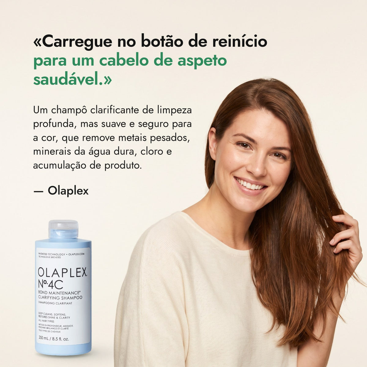 Carregue no botão de reinício para um cabelo de aspeto saudável. — Olaplex