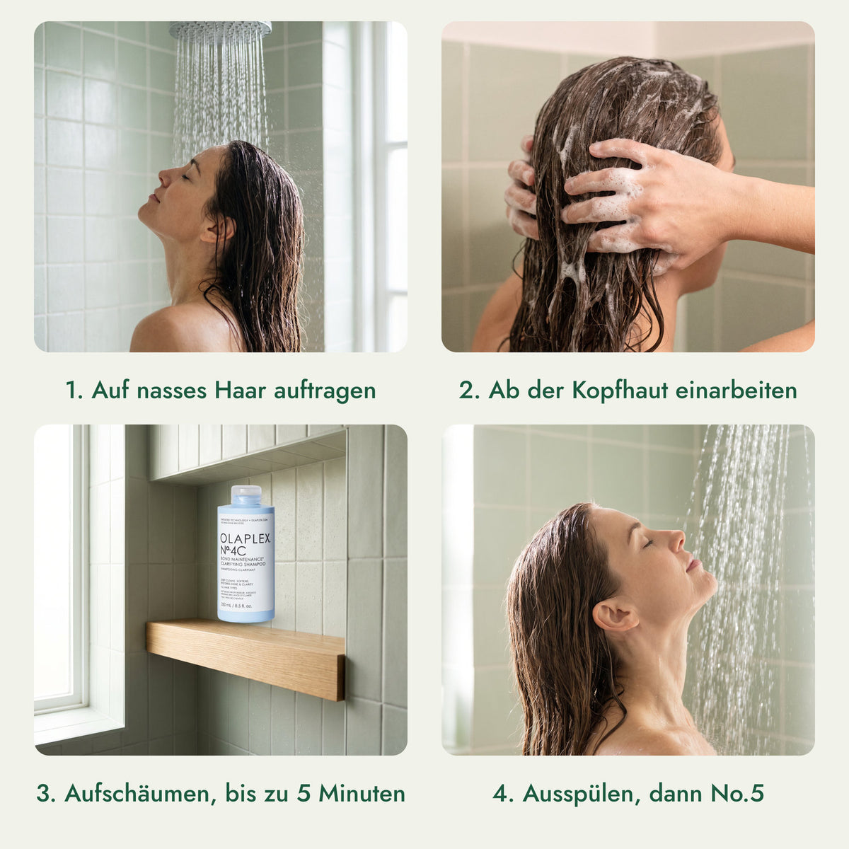Olaplex No.4C Bond Maintenance Clarifying Shampoo: Auf nasses Haar auftragen, Ab der Kopfhaut einarbeiten, Aufschäumen, bis zu 5 Minuten, Ausspülen, dann No.5