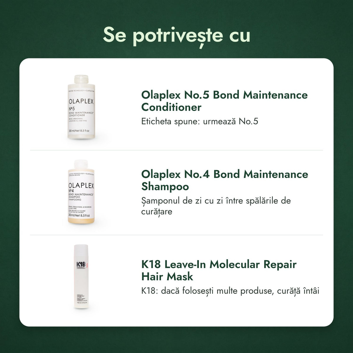 Se potrivește cu: Olaplex No.5 Bond Maintenance balsam, Olaplex No.4 Bond Maintenance șampon, K18 Leave-In Molecular Repair mască de păr
