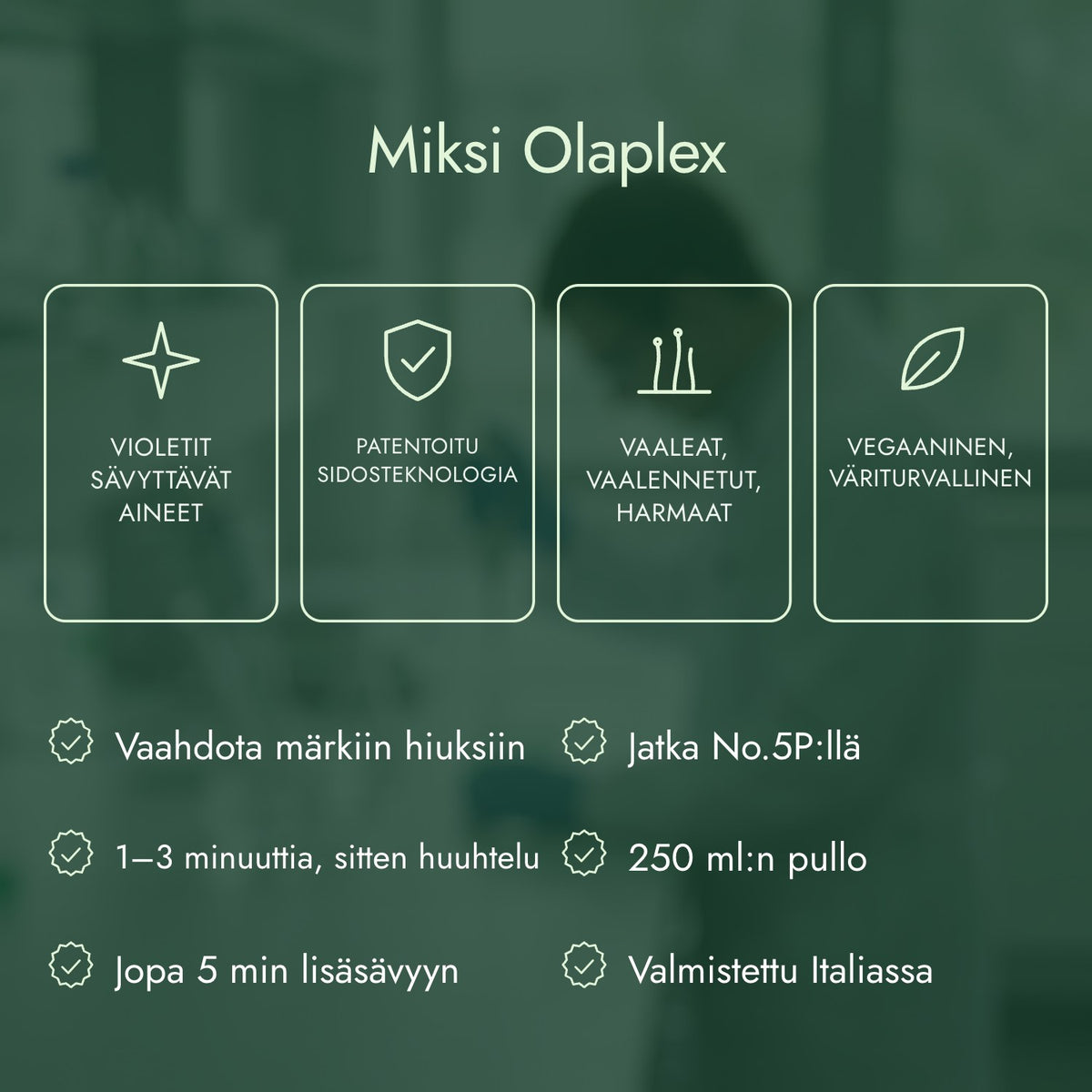 Miksi Olaplex: Violetit sävyttävät aineet, Patentoitu sidosteknologia, Vaaleat, vaalennetut, harmaat, Vegaaninen, väriturvallinen
