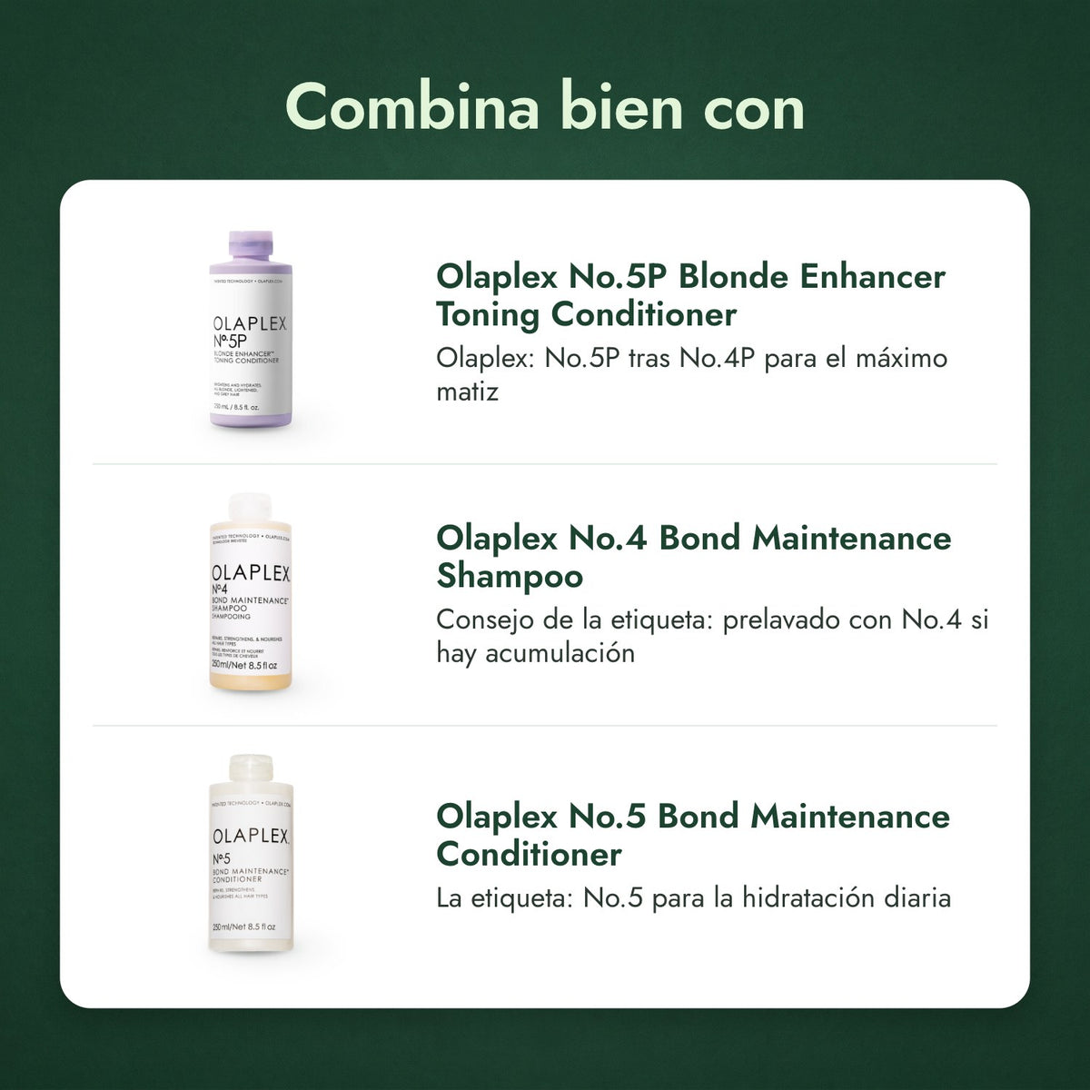 Combina bien con: Olaplex No.5P Blonde Enhancer Toning Conditioner, Olaplex No.4 Bond Maintenance Shampoo, Olaplex No.5 Bond Maintenance Conditioner
