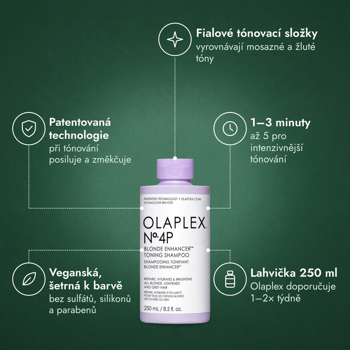 Olaplex No.4P Blonde Enhancer Toning Shampoo: Fialové tónovací složky, Patentovaná technologie, 1–3 minuty, Veganská, šetrná k barvě, Lahvička 250 ml