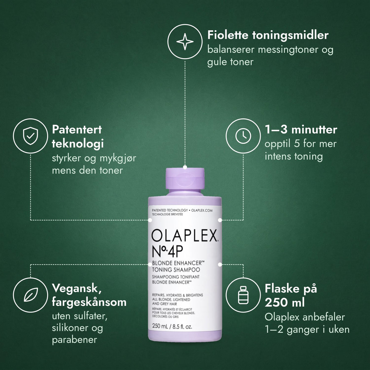 Olaplex No.4P Blonde Enhancer Toning sjampo: Fiolette toningsmidler, Patentert teknologi, 1–3 minutter, Vegansk, fargeskånsom, Flaske på 250 ml