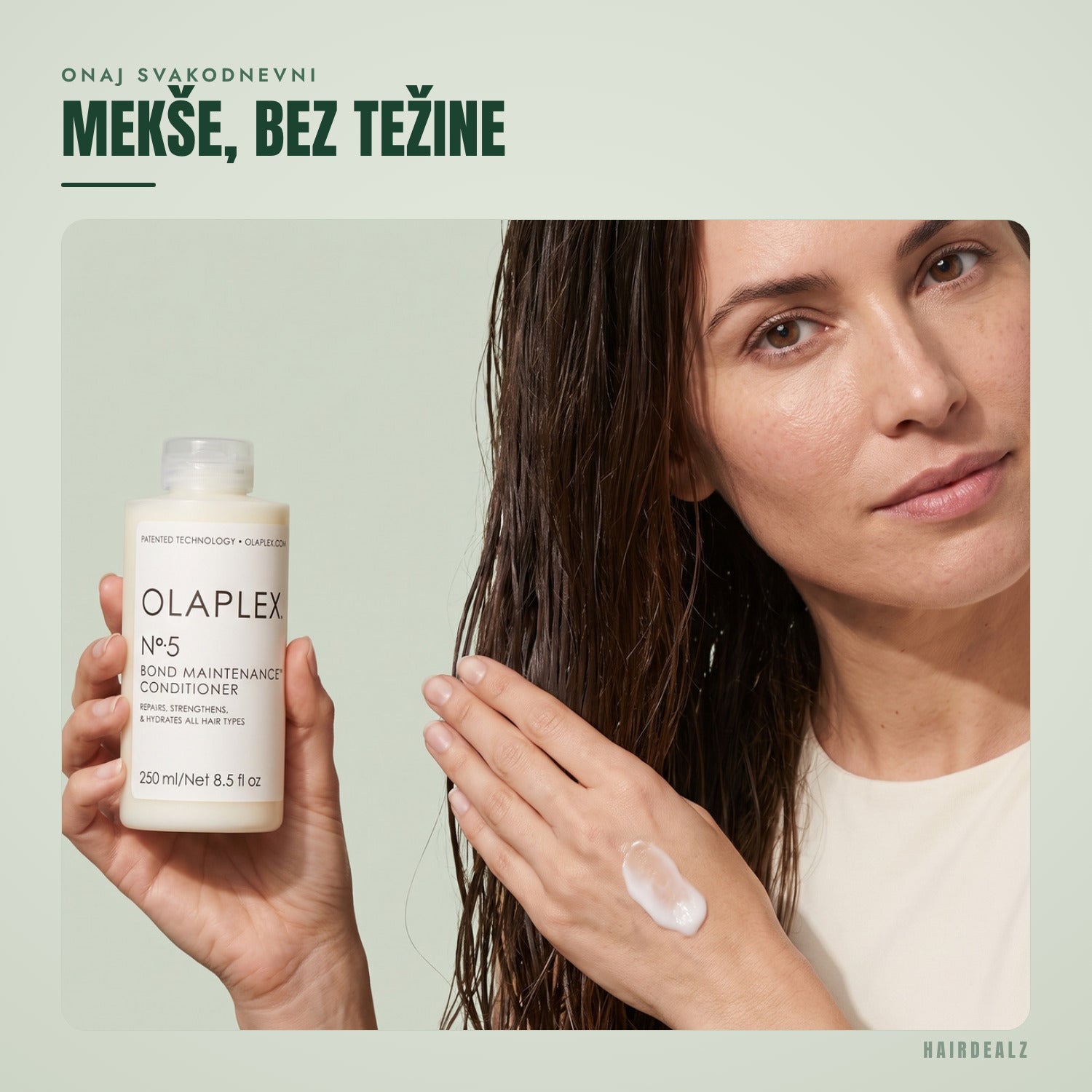 Olaplex No.5 u upotrebi na zelenoj pozadini