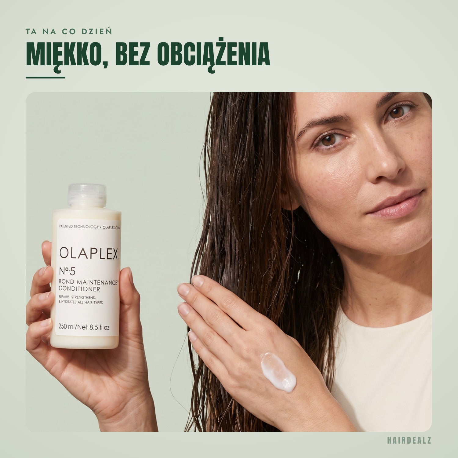 Olaplex No.5 w użyciu na zielonym tle