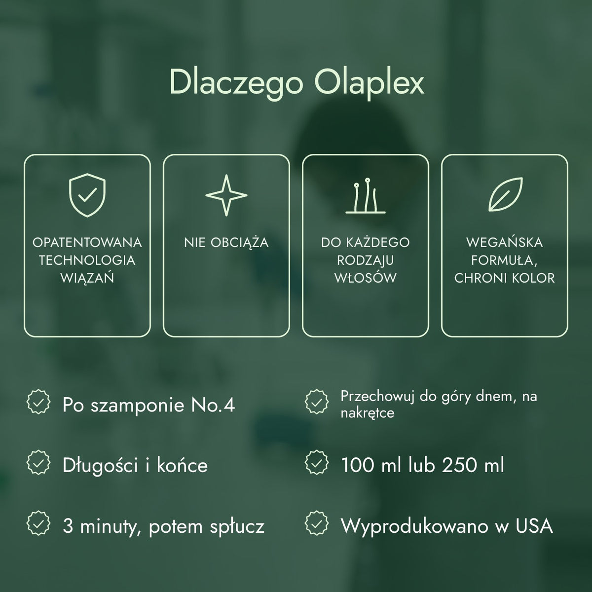 Dlaczego Olaplex: Opatentowana technologia wiązań, Nie obciąża, Do każdego rodzaju włosów, Wegańska formuła, chroni kolor