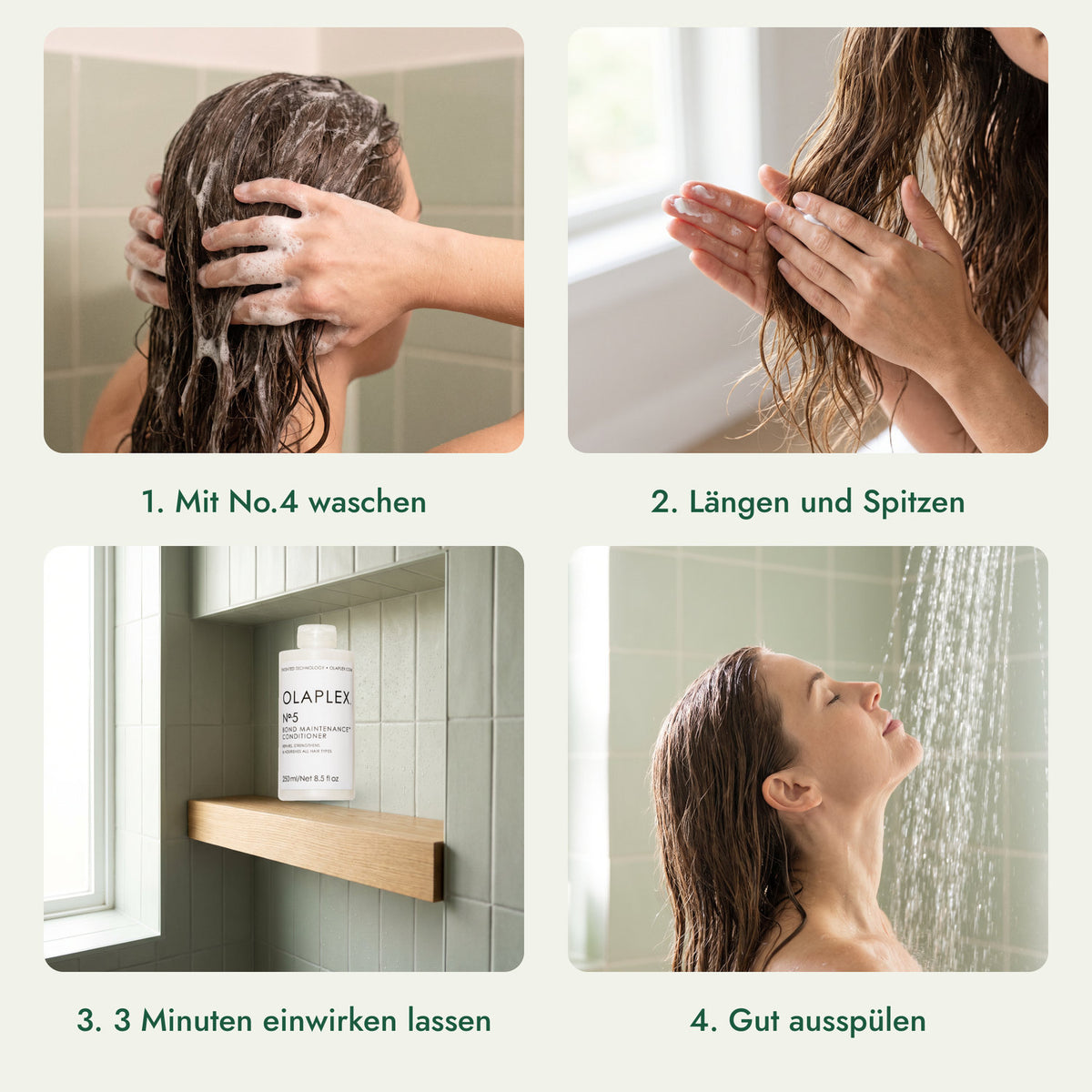Olaplex No.5 Bond Maintenance Conditioner: Mit No.4 waschen, Längen und Spitzen, 3 Minuten einwirken lassen, Gut ausspülen