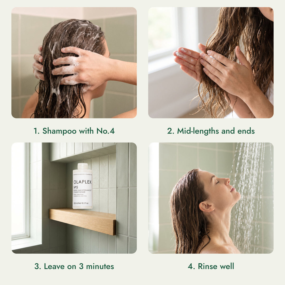 How to use Olaplex No.5 Bond Maintenance Conditioner: Shampoo with No.4, Mid-lengths and ends, Leave on 3 minutes, Rinse well