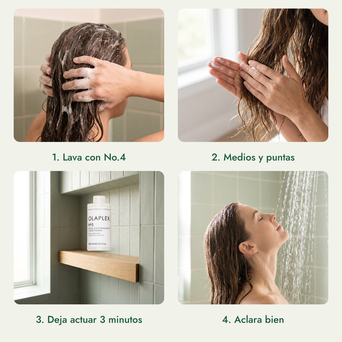 Olaplex No.5 Bond Maintenance Conditioner: Lava con No.4, Medios y puntas, Deja actuar 3 minutos, Aclara bien